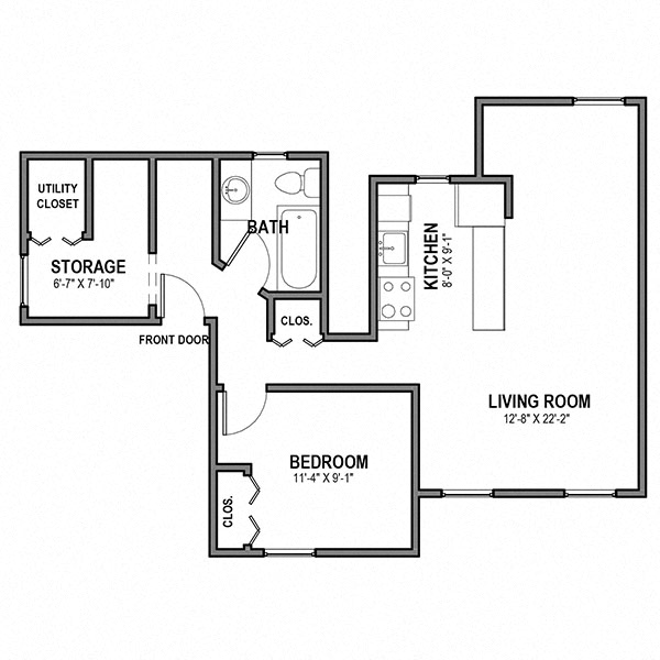 Floor plan for 1 bed, 1 bath, 632 sqft